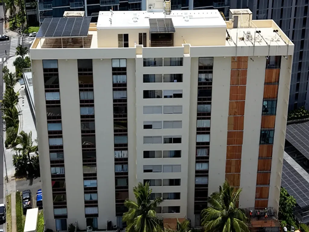 Aerial view of Structural Systems Hawaii commercial window replacement project on multi-story building